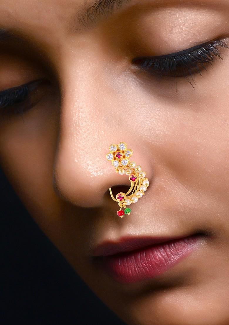 Gold Plated Pearl Bead Alloy Cz Red Stone Maharashtrian Nath - Indya