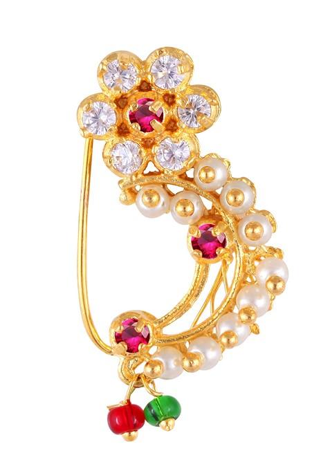 Gold Plated Pearl Bead Alloy Cz Red Stone Maharashtrian Nath