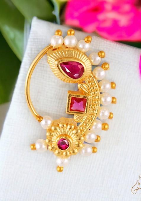 Gold Plated Pearl Bead Alloy Cz Red Stone Maharashtrian Nath