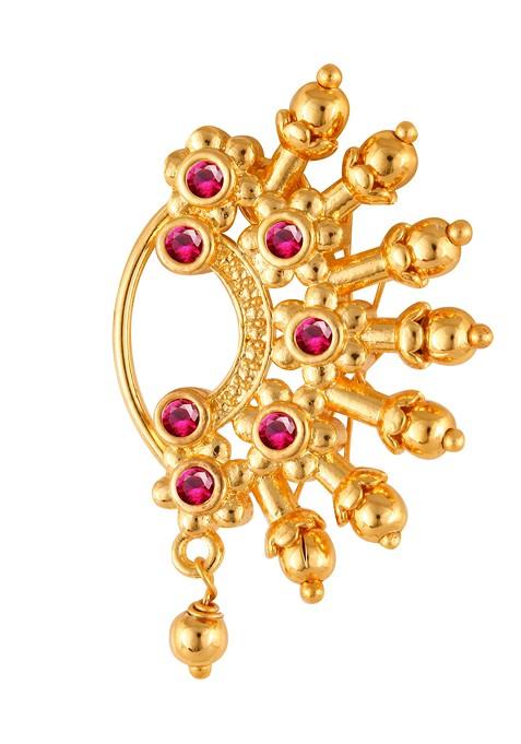 Gold Plated Pearl Bead Cz Red Stone Maharashtrian Nath