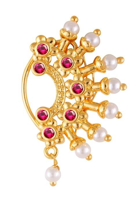 Gold Plated Pearl Bead Alloy Cz Red Stone Maharashtrian Nath