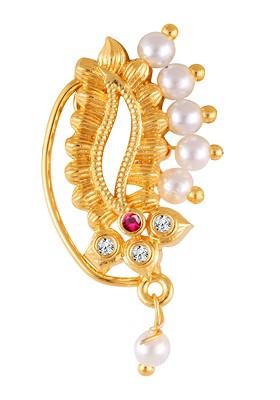 Gold Plated Pearl Bead Alloy Cz Red Stone Maharashtrian Nath