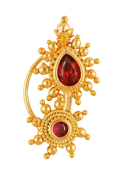 Gold Plated Pearl Bead Cz Red Stone Maharashtrian Nath