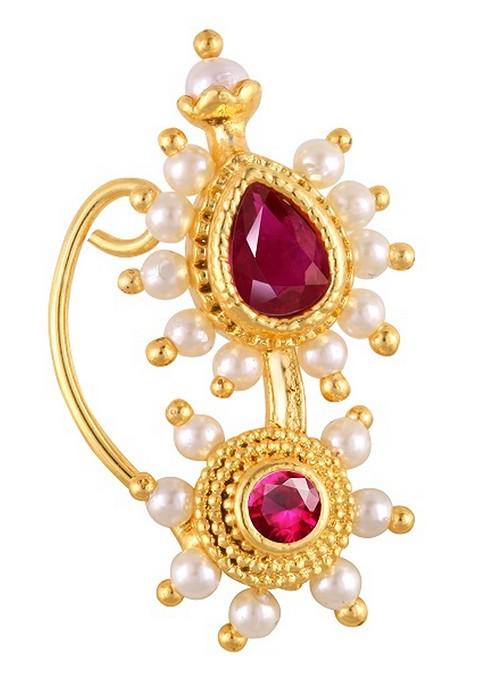 Gold Plated Pearl Cz Red Stone Maharashtrian Nath