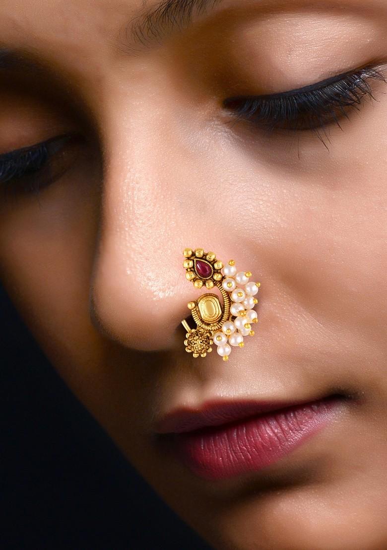 Gold Plated Pearl Bead Artificial Stone Maharashtrian Nath - Indya