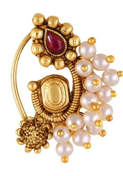 Gold Plated Pearl Bead Artificial Stone Maharashtrian Nath