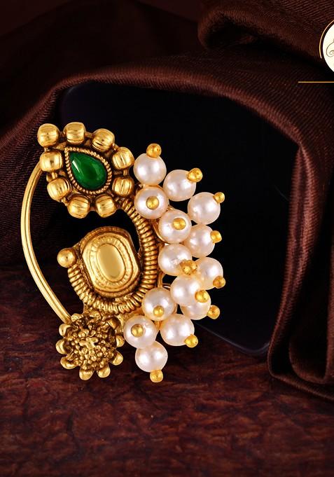 Gold Plated Pearl Bead Alloy Artificial Stone Maharashtrian Nath