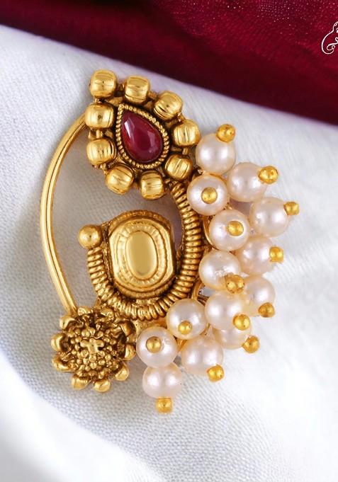 Gold Plated Pearl Bead Alloy Artificial Stone Nath