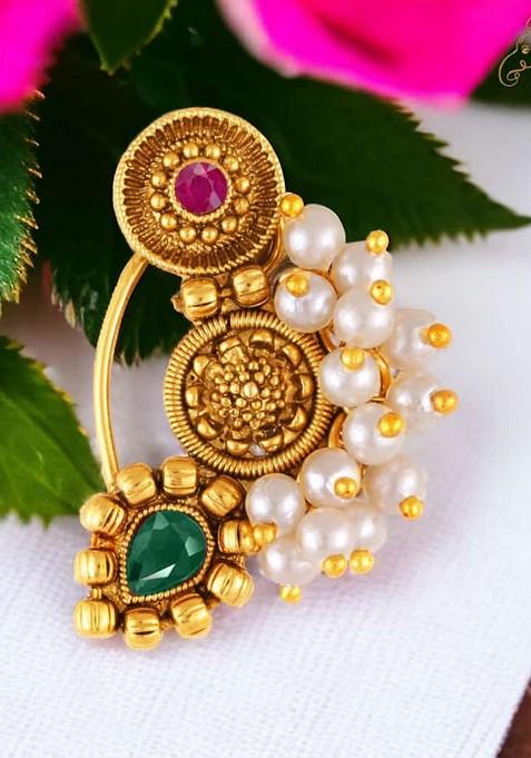 Gold Plated Pearl Bead Alloy Artificial Stone Maharashtrian Nath