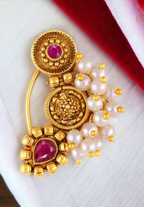 Gold Plated Pearl Bead Artificial Stone Maharashtrian Nath