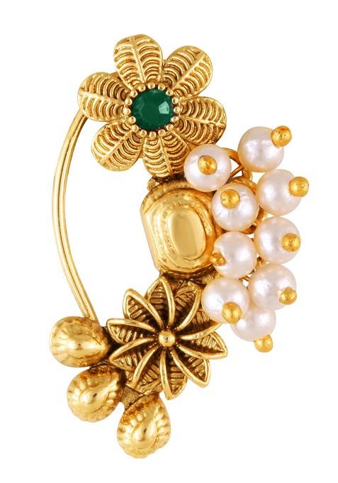 Gold Plated Pearl Bead Artificial Stone Maharashtrian Nath