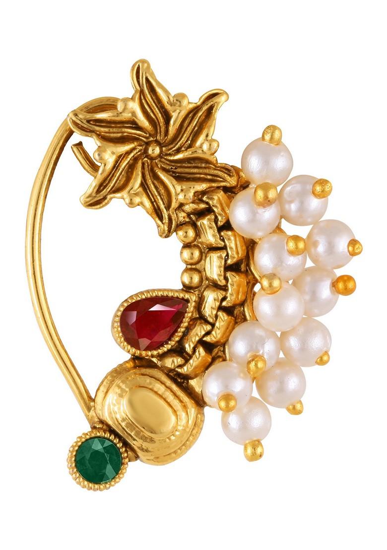 Gold Plated Pearl Bead Alloy Artificial Stone Maharashtrian Nath - Indya