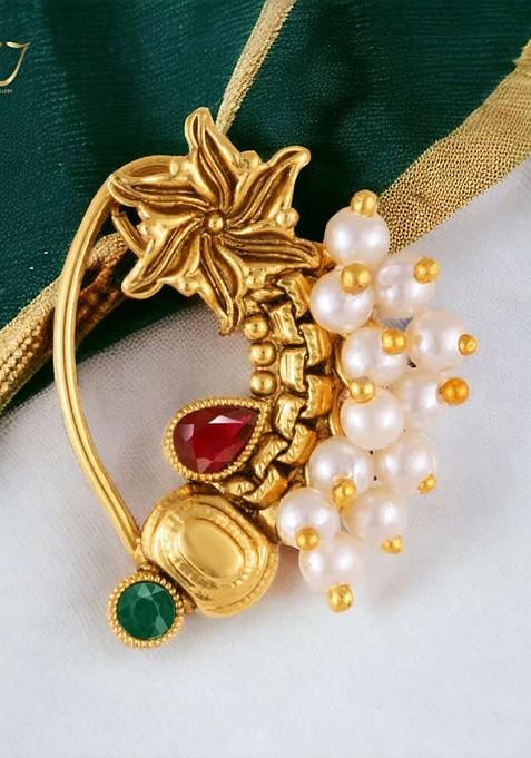 Gold Plated Pearl Bead Alloy Artificial Stone Maharashtrian Nath