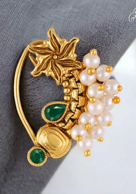 Gold Plated Pearl Bead Artificial Stone Maharashtrian Nath