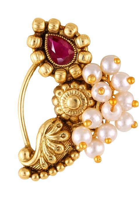 Gold Plated Pearl Bead Alloy Artificial Stone Maharashtrian Nath