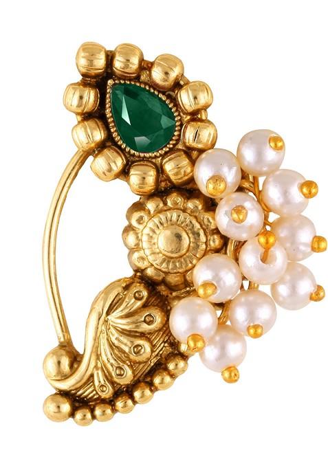 Gold Plated Pearl Bead Artificial Stone Maharashtrian Nath