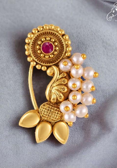 Gold Plated Pearl Bead Alloy Artificial Stone Maharashtrian Nath