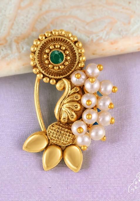 Gold Plated Pearl Bead Artificial Stone Maharashtrian Nath