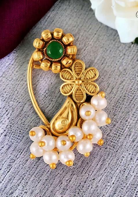 Gold Plated Pearl Bead Artificial Stone Maharashtrian Nath