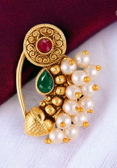 Gold Plated Pearl Bead Alloy Artificial Stone Maharashtrian Nath