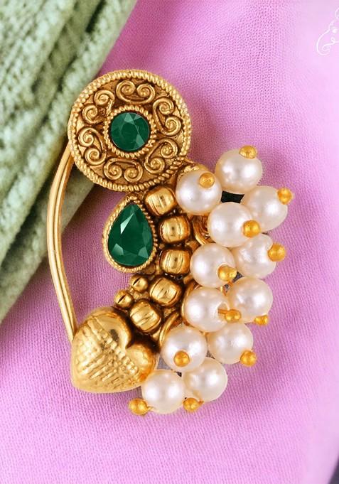 Gold Plated Pearl Bead Alloy Artificial Stone Maharashtrian Nath