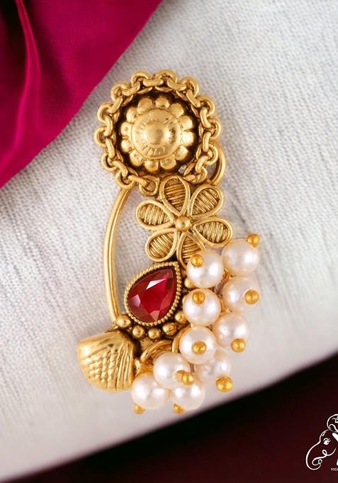 Gold Plated Pearl Bead Alloy Artificial Stone Maharashtrian Nath