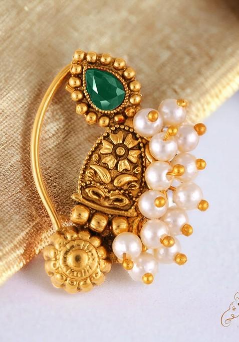 Gold Plated Pearl Bead Alloy Artificial Stone Maharashtrian Nath