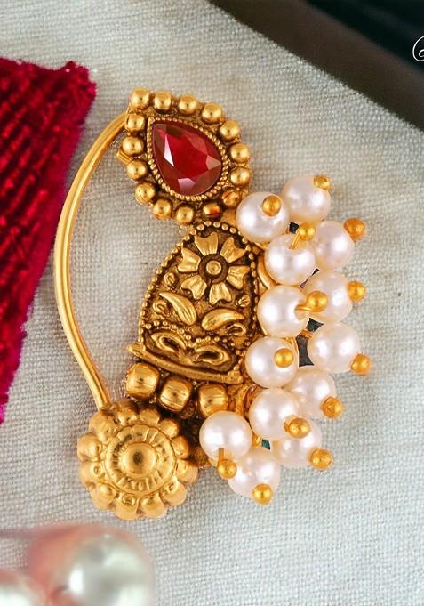 Gold Plated Pearl Bead Alloy Artificial Stone Maharashtrian Nath