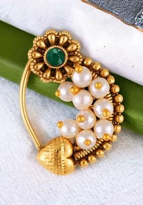 Gold Plated Pearl Bead Alloy Artificial Stone Maharashtrian Nath
