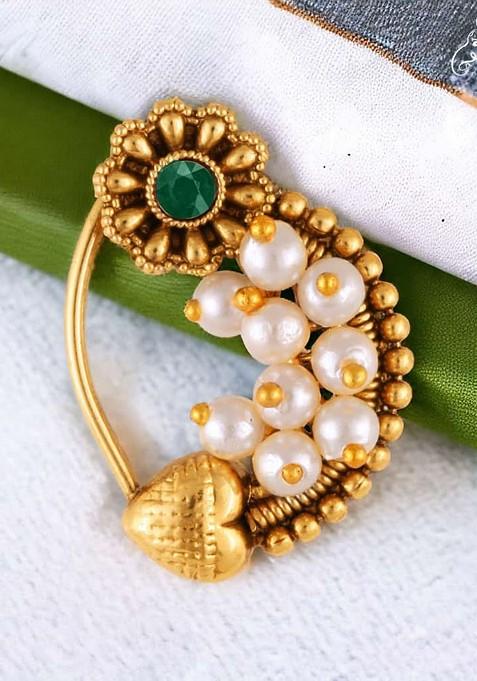 Gold Plated Pearl Bead Alloy Artificial Stone Maharashtrian Nath