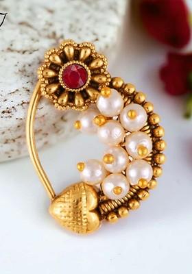 Gold Plated Pearl Bead Alloy Artificial Stone Maharashtrian Nath