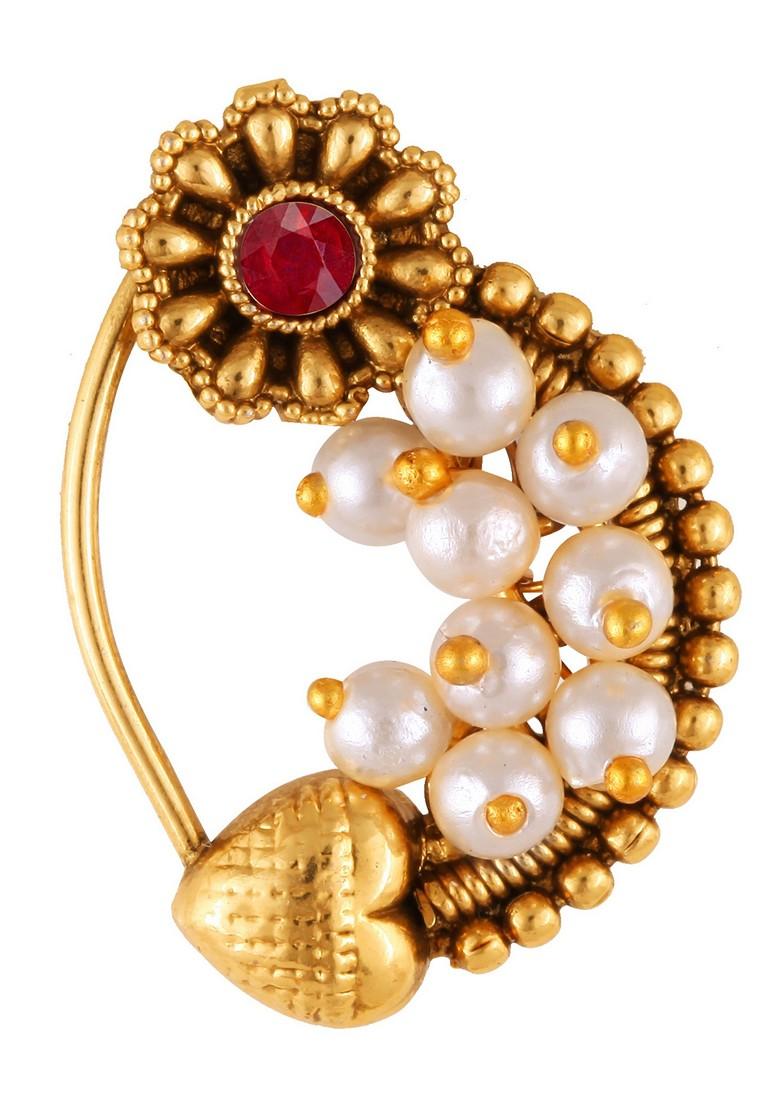 Gold Plated Pearl Bead Alloy Artificial Stone Maharashtrian Nath - Indya