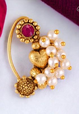 Gold Plated Pearl Bead Alloy Artificial Stone Maharashtrian Nath