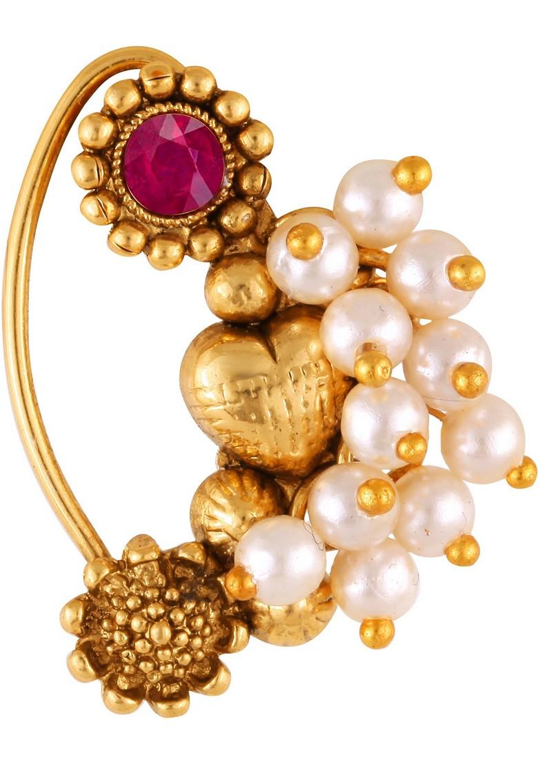 Gold Plated Pearl Bead Alloy Artificial Stone Maharashtrian Nath - Indya