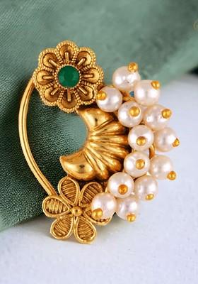 Gold Plated Pearl Bead Alloy Artificial Stone Maharashtrian Nath