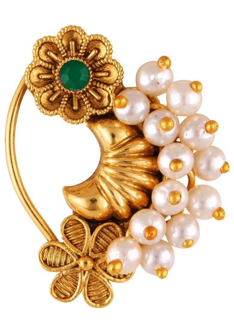 Gold Plated Pearl Bead Alloy Artificial Stone Maharashtrian Nath - Indya