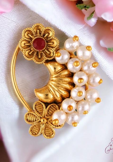 Gold Plated Pearl Bead Alloy Artificial Stone Maharashtrian Nath