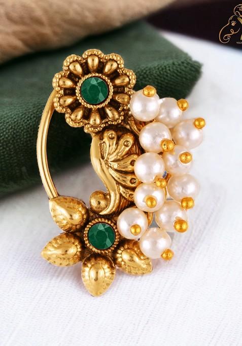 Gold Plated Pearl Alloy Artificial Stone Maharashtrian Nath