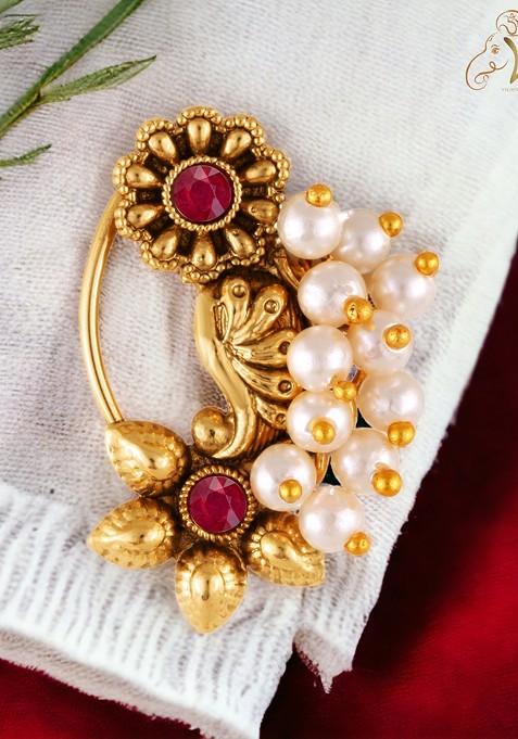 Gold Plated Pearl Bead Alloy Artificial Stone Maharashtrian Nath