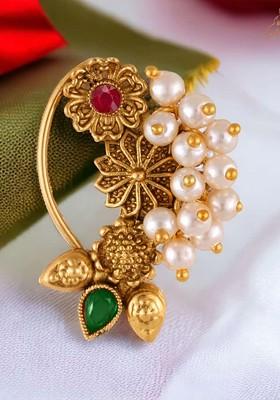 Gold Plated Pearl Alloy Artificial Stone Maharashtrian Nath
