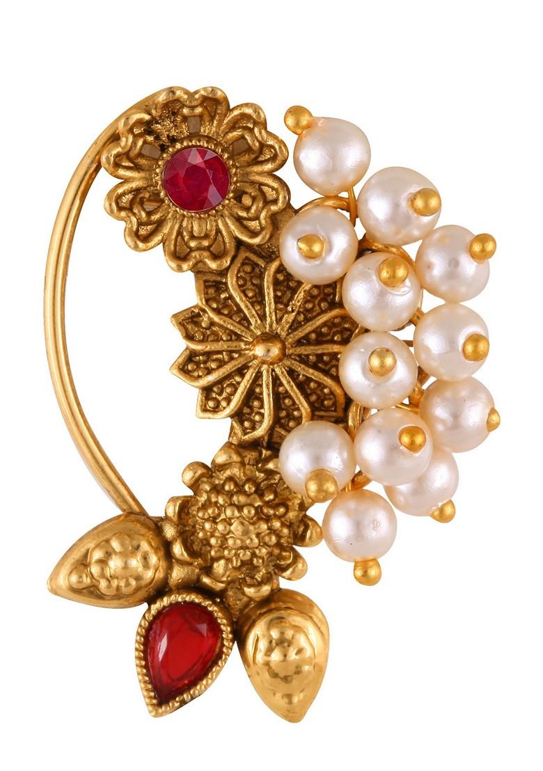 Gold Plated Pearl Alloy Artificial Stone Maharashtrian Nath - Indya