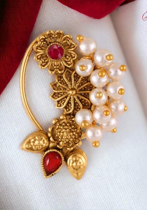 Gold Plated Pearl Alloy Artificial Stone Maharashtrian Nath