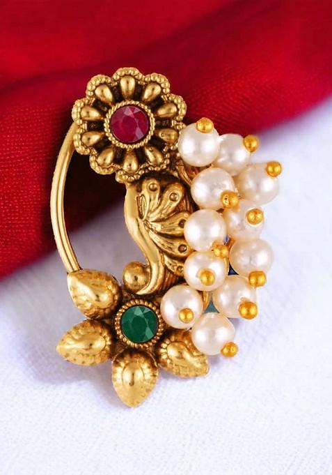 Gold Plated Pearl Artificial Stone Maharashtrian Nath