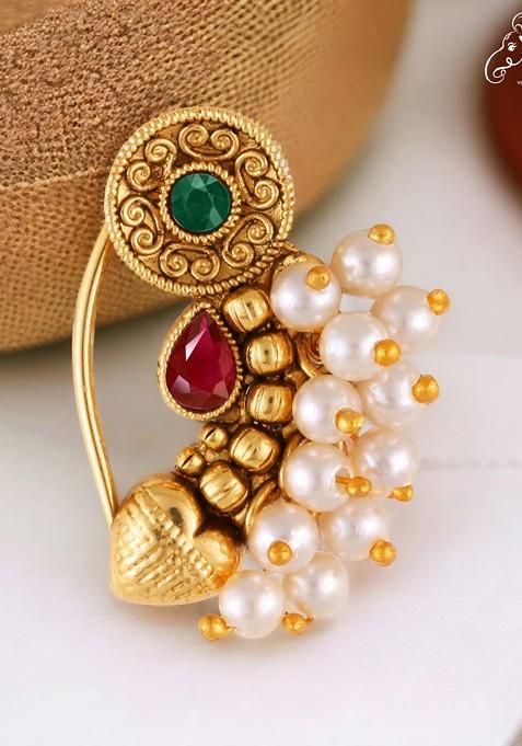 Gold Plated Pearl Alloy Artificial Stone Maharashtrian Nath