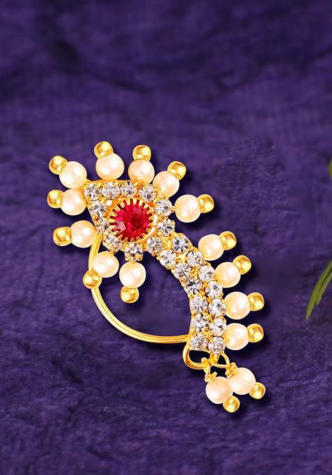 Gold Plated Pearl Bead Alloy Cz Artificial Stone Maharashtrian Nath