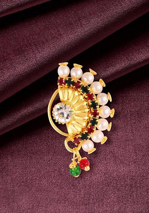 Gold Plated Pearl Alloy Cz Artificial Stone Maharashtrian Nath