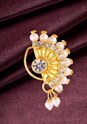 Gold Plated Pearl Bead Cz Artificial Stone Maharashtrian Nath