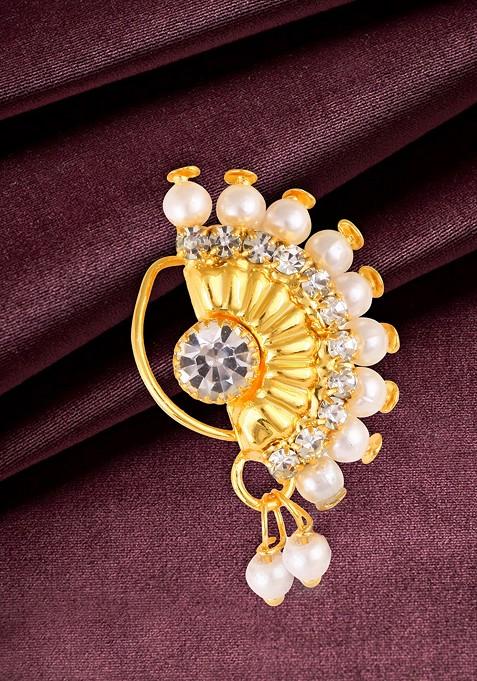 Gold Plated Pearl Bead Cz Artificial Stone Maharashtrian Nath