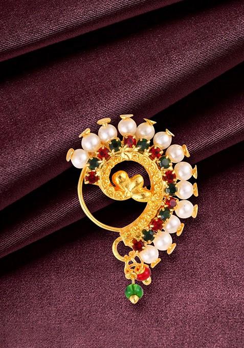 Gold Plated Pearl Bead Alloy Artificial Stone Maharashtrian Nath