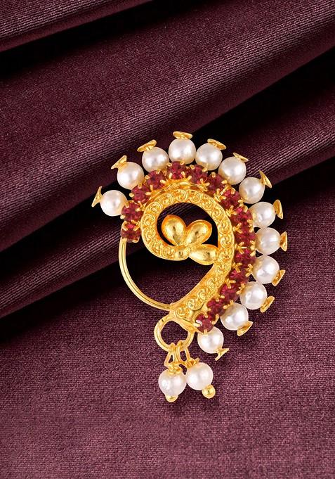 Gold Plated Pearl Bead Alloy Cz Stone Maharashtrian Nath